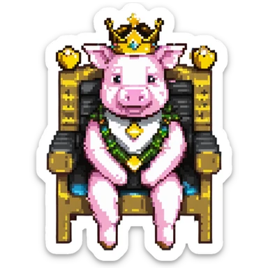 Minecraft style pig with a golden crown sitting on a throne, inspired by Technoblade sticker