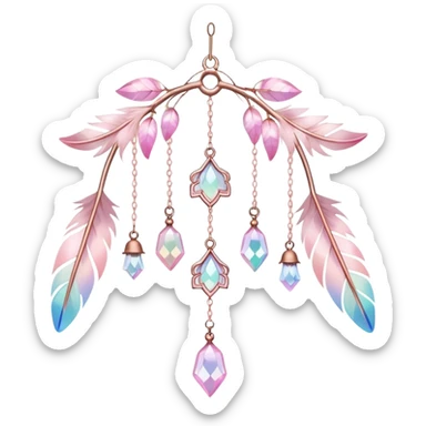 Hanging Iridescent pastel pink sakura crystals white-pearly suncatcher with bells and feathers sticker