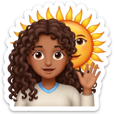 Brown girl with dark brown long curly hair saying good morning with the sun sticker
