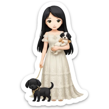 Pastel anime lady long hair with long lace dress full body holding puppy sticker