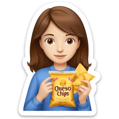 Girl with brown hair holding a bag of queso chips sticker
