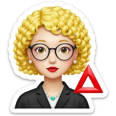 modern Chinese girl emoji, short curly bright yellow hair, pearl hairpin, trendy red triangle glasses, graphic design, colorful style sticker