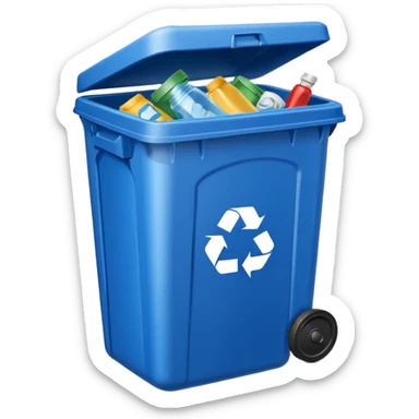 blue recycling bin with lid closed sticker