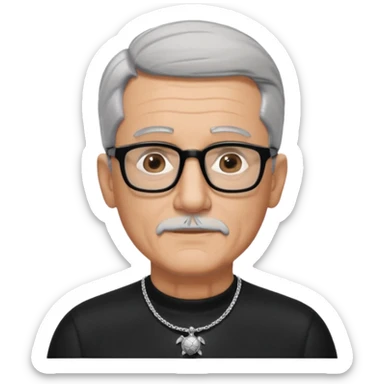 Tony Barceló is a strong, lively man in his 70s with short, neatly combed gray hair and a trimmed goatee. He has a broad face, square glasses, and a confident presence. He wears a black outfit with a silver turtle necklace, reflecting his thoughtful, creative energy as a writer. sticker