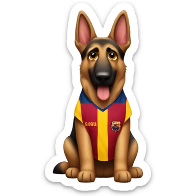 German shepherd wearing Barcelona jersey sticker