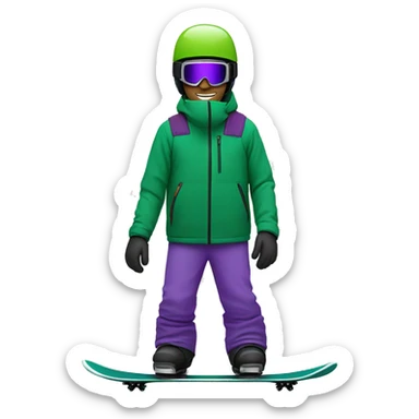 White male snowboarder with a green jacket, large ski goggles, a helmet, and a purple snowboard sticker