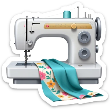 Create an icon that represents the hobby of sewing clothing using patterns and templates. The design should feature a sewing machine, fabric, sewing patterns, and templates. Include visible markings on the fabric that align with the patterns, showcasing the process of cutting and sewing. A piece of clothing in progress, such as a dress or shirt, should be visible, reflecting the creative and detailed nature of garment making. The composition should be well-balanced, with a clean and harmonious design. The background should be transparent. sticker