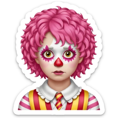 Pink curly wig.

White face paint with red nose and makeup.

Wearing a red-and-yellow striped costume with a white collar.

Wide-eyed, sad expression. sticker