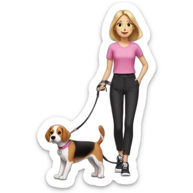A blonde girl, in a pink blouse and black trousers, in sneakers, leads one beagle dog on a leash sticker