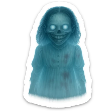 Transform the creepy girl into a ghost, make her semi-transparent, add ethereal glow and ghostly effects, keep the background transparent. sticker