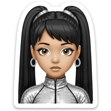 Left Eye from TLC with long black ponytail hair, silver sequin outfit sticker