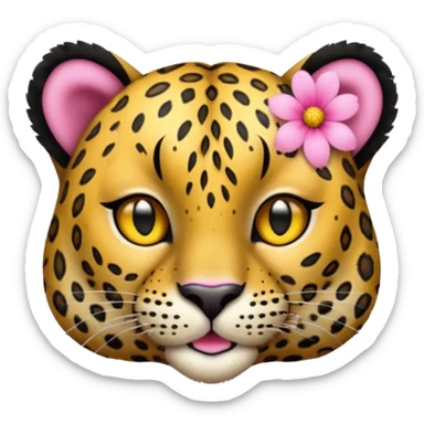 A leopard with mouth closed, A pink flower with a yellow center is tucked behind its right ear
 sticker