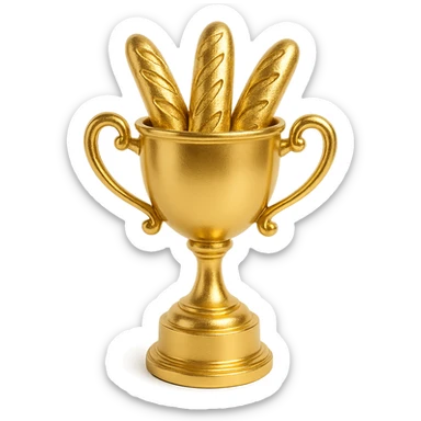 a trophy cup filled with baguettes, whimsical, gold, fun style sticker