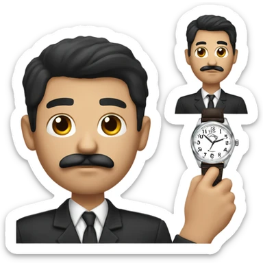 dark hair dark eye man with mustache looking at wrist watch sticker