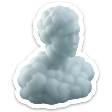 silhouette of a white person facing forward up to the shoulders, entirely made of fluffy voluminous clouds, matte glass style sticker