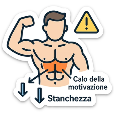 infografica in italiano, bodybuilder con zona bassa del busto evidenziata in arancione, frecce che indicano Calo della motivazione e Stanchezza, simbolo di attenzione, stile medico, sfondo bianco sticker