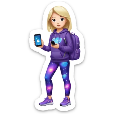 girl in galaxy-patterned leggings and sweatshirt, with matching backpack and phone sticker