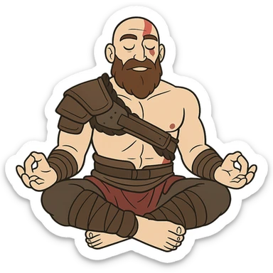 Kratos, God of War, meditating with a serene face, cartoon style sticker