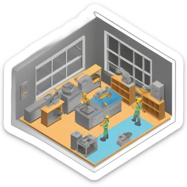 isometric square solid outline border containing indoor creative factory woodworking metalworking people active working cnc machine tools simple clean industrial makerspace concrete #edc31b  sticker