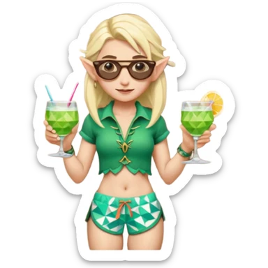elf female legolas portrait, patterned board shorts (geometric/abstract), unique wooden-framed sunglasses, undercut hairstyle, slight smirk, visible pointy ears, no background, centered emoji, hipster summer vibe coctails sticker