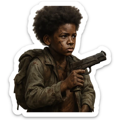 African American boy with an Afro, styled for a zombie apocalypse, holding a gun, backpack behind his back, scar on his face sticker