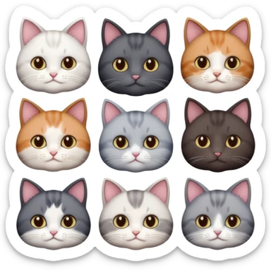 4 different coloured short haired cats including; a dark brown and white cat, and a dark grey and white  sticker