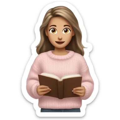 Pretty brown eyed white girl with light pink sweater reading cozy sticker