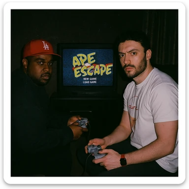 Create a 90s analog photo featuring a famous rapper (not recognizable) and the boy from the reference photo sitting in front of a CRT TV with Ape Escape on Playstation 1. The room is dark, both hold controllers, and they look at the camera with flash, creating a grunge atmosphere. sticker