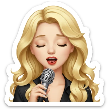 An emoji of a blonde female singer. She has long, wavy golden hair and holds a microphone while singing. Her expression is passionate, with eyes closed or looking confident. A glamorous and stylish look, resembling a pop star or diva sticker