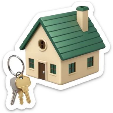 a bunch of new keys on a ring, with a keychain in the shape of a small house, light beige color with a dark green roof, emoji style sticker
