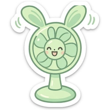chibi electric fan shaped like a bunny, ears spinning as blades, pastel green, cheerful face, full-body sticker