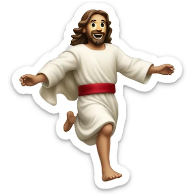 Jesus sprinting, with a large stride and arms outstretched, in a santa costume sticker