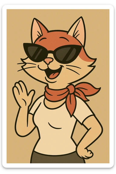 mrs. cat with sunglasses and a red scarf, cheerful expression, cartoon style sticker
