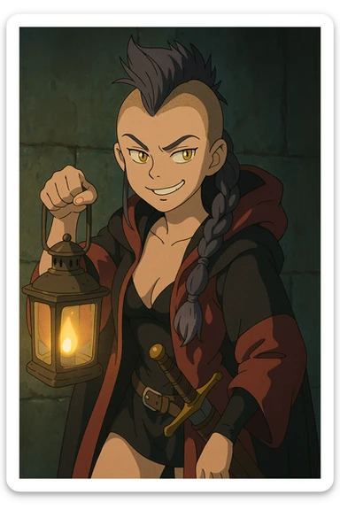 A sword maiden, mohawk, long braid with lavender tips hair, gold yellow eyes, blood red and black revealing hoodie, brandishing a lantern. Mischievous smirk sticker