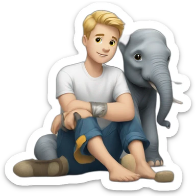 young white man sitting on the ground with an elephant in his arms sticker
