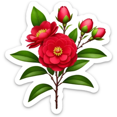 bouquet Red Camellia, luxuriant, stem, leaf, bud sticker