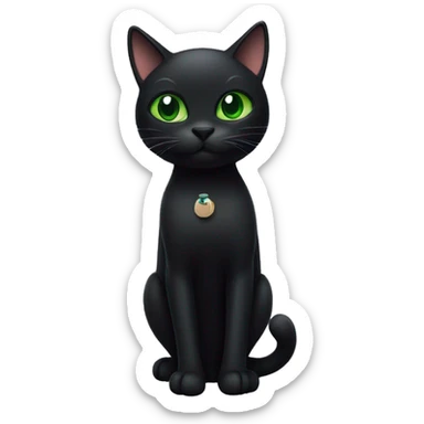 a black cat with green eyes holding a magnet sticker