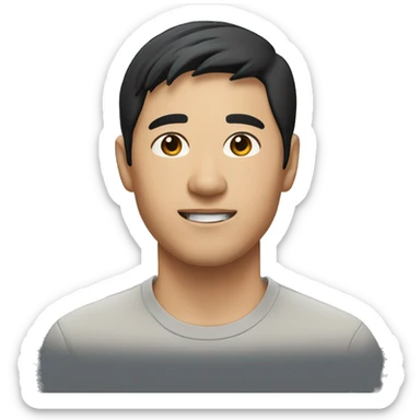 A head and shoulders shot of a 34 year old Asian man, with short black hair,   with brown eyes wearing a t-shirt. sticker