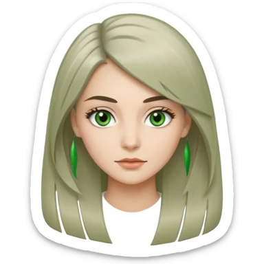 женщина с зелёными глазами, красивыми бровями, серо-бежевыми длинными волосами, с асимметричным пробором чёлкой, подстриженной каскадом  sticker