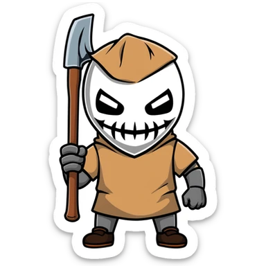 slasher film character with dirty burlap sack mask and axe sticker