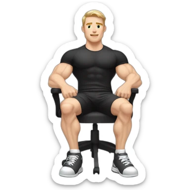 Pale skinned Fit Man With the biceps and dark brown hair in black shirt, gray sports shorts and white Sneakers Sitting on a chair sticker