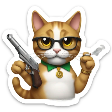 a cat with a gun, and is also smoking a cigar sticker