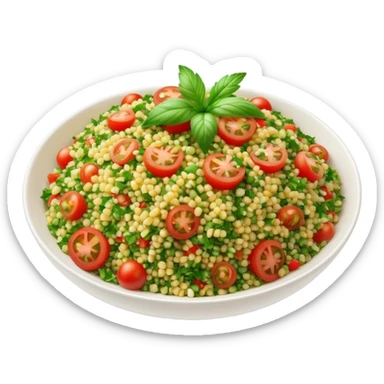 Cinematic Realistic Tabbouleh Salad Dish Emoji, showcasing a fresh herbaceous salad with bulgur, tomatoes, and parsley rendered with crisp textures and natural, vibrant lighting. sticker