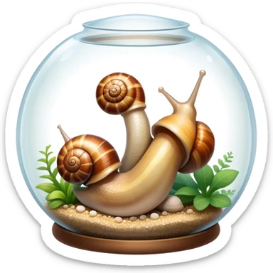 Close-up of large home snails inside a terrarium, showcasing their soft, spiral shells and glistening bodies, with a gentle light highlighting their details. Transparent background. sticker