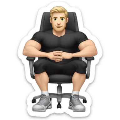 Pale skinned Fit Man With the biceps and dark brown hair in black shirt, gray sports shorts and white Sneakers Sitting on a chair sticker