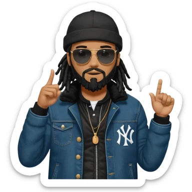 African American man with shoulder length black dreadlocks and black beard with black sunglasses wearing a black bubble winter coat with denim skinny jeans and timberland boots and a black New York Yankees baseball hat pointing finger out at someone sticker