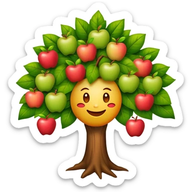 diseña a un árbol con cara sonriente y que las hojas tenga tres manzanas en cada lado o en cada parte de las hojas. sticker
