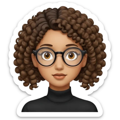 un chica con pelo rizado tiene hecha una coleta y con dos rizos sueltos en la parte de alante que le llega hasta el cuello. luego pil un poco morena ojos marrones y tiene gafas negras y son exagonales pero un poco redondeadas. sticker
