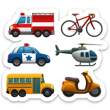 🚂 Train  🚑 Ambulance  🚒 Fire Truck  🚲 Bicycle  🚓 Police Car  🚁 Helicopter  🚌 School Bus  🚗 Car  🛵 Scooter  🚜 Road Roller icons  banavi dee sticker