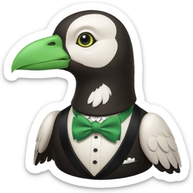a white crow emoji with droopy wings and a green bowtie sticker